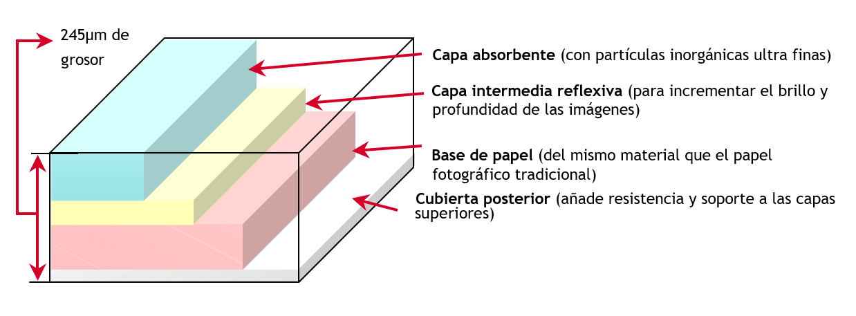 Estructura de capas de un papel fotográfico profesional multicapa